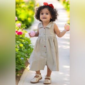 Girls Linen Blend Button Front Dress 4Y Button Detail